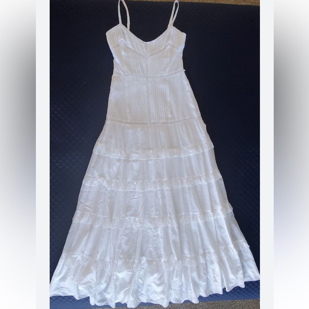 NWOT Bebe White Eyelet Ruffle Maxi Dress Spaghetti Straps with back tie - Picture 3 of 4